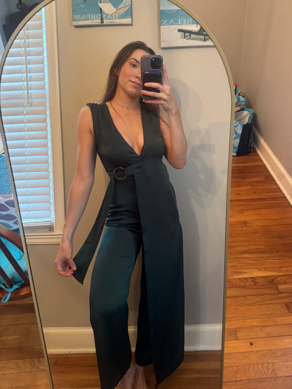 Dark Green Sleeveless V-Neck Wide-Leg Jumpsuit with Buckle Tie